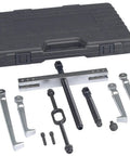 Beefy 7 Ton Bearing And Pulley Puller Set With H Bar Style Block, durable case, jaw sets, and screws displayed