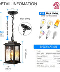 Outdoor Pendant Light Fixture for Porch and Front Door, Farmhouse Exterior Hanging Lantern with Adjustable Chain, Anti Rust Aluminum Frame and Water Ripple Glass, shown with dimensions and bulb specifications.