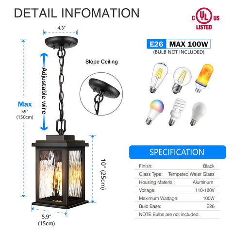 Outdoor Pendant Light Fixture for Porch and Front Door, Farmhouse Exterior Hanging Lantern with Adjustable Chain, Anti Rust Aluminum Frame and Water Ripple Glass, shown with dimensions and bulb specifications.