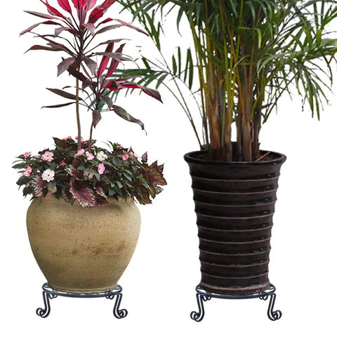 Heavy Duty Iron Plant Stand For Indoor And Outdoor Use Rustproof Metal Round Pot Holder Bronze Finish with two potted plants