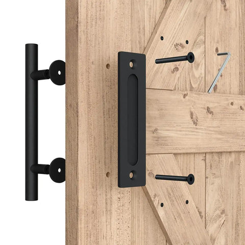 Two Pack Sliding Barn Door Handle Set, 12 Inch Heavy Duty Pull And Flush Hardware, Black Rustic Round Two Sided Design, Easy Install