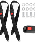 All In One Golf Cart Seat Belt Kit With 2 Adjustable Lap Belts For Front And Rear Seats Fits Yamaha EZGO Club Car Go Karts Includes 8 Rust Proof Screws Easy Install, showing two black lap belts with red buttons and mounting hardware.