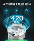 8 Inch Inline Duct Fan 420 CFM Low Noise HVAC Exhaust with airflow depiction, showing fan blades and airflow dynamics.