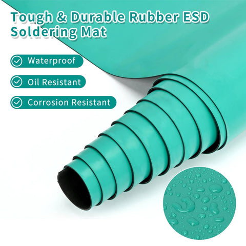 Green ESD anti-static rubber mat roll partially unrolled; inset circle shows waterproof surface with water droplets.