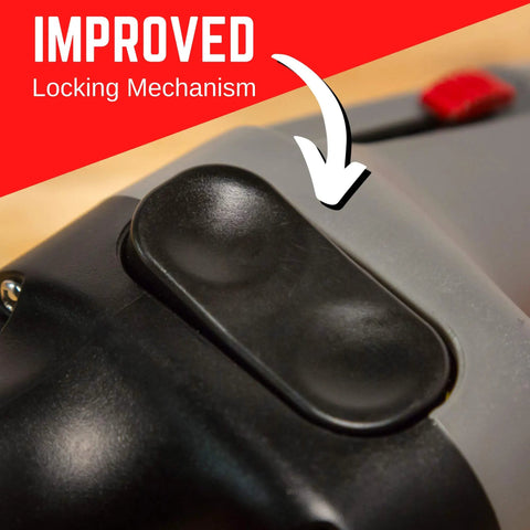 Close-up of improved locking mechanism on All in One Drywall Tool With Built In Tape Measure And Utility Knife Measure Mark And Cut.