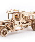 3D Self Propelled Wooden Model Truck UGM 11 Kit For Gearhead Builders And Collectors With Gear Driven Mechanism Realistic Wood Finish About 10 To 12 Hours Assembly Durable Brown Wood Craft Project That Feels Like Vintage Tech., side view of assembled wooden UGM-11 truck model, 34 x 14 x 13 cm