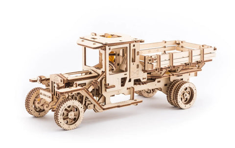 3D Self Propelled Wooden Model Truck UGM 11 Kit For Gearhead Builders And Collectors With Gear Driven Mechanism Realistic Wood Finish About 10 To 12 Hours Assembly Durable Brown Wood Craft Project That Feels Like Vintage Tech., side view of assembled wooden UGM-11 truck model, 34 x 14 x 13 cm