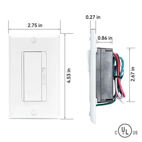Six Pack Led Dimmer Light Switch Single Pole Or Three Way With Adjustable Min Brightness dimensions and side view showing wiring.