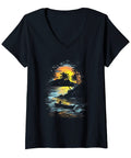 Hawaii Inspired Outrigger Canoe Ocean Journey V Neck Tee For Women Seaside Island Summer Paradise Design Lightweight Black Shirt