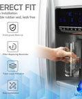 Everydrop Style Replacement Water Filter For EDR2RXD1 And W10413645A in use, showing glass filling with water, features listed on side.