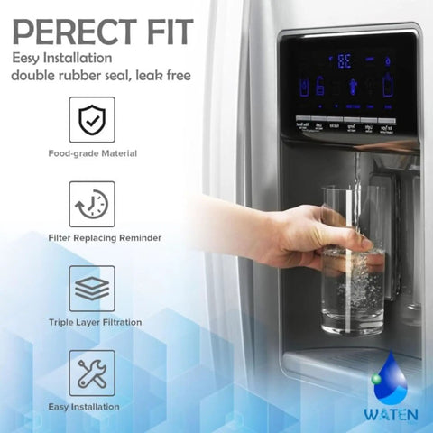 Everydrop Style Replacement Water Filter For EDR2RXD1 And W10413645A in use, showing glass filling with water, features listed on side.