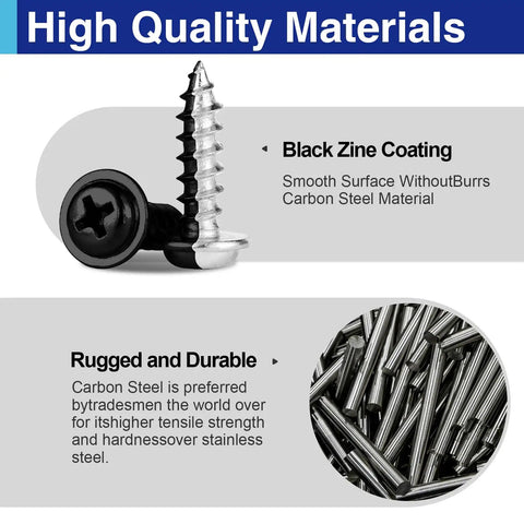 Top Notch Black Truss Head Wood Screws Assortment, 170 Piece Self Tapping Carbon Steel Kit With Badass Corrosion Resistance, showing black zine coated screws.