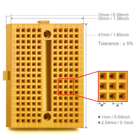 Six Pack Mini Breadboards With 170 Tie Points Solderless Prototype Kit For Arduino Raspberry Pi Projects dimensions shown
