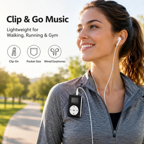 Woman jogging wearing a Clip On Mini MP3 Player With USB Clip, Ultra Compact Music Player For On The Go with earphones.