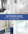 Collage of modern bathroom doors with different styles and finishes, including minimalist and vintage bronze designs.