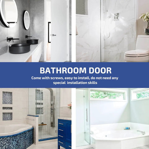 Collage of modern bathroom doors with different styles and finishes, including minimalist and vintage bronze designs.