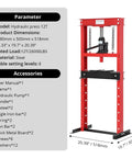Heavy Duty 12 Ton H Frame Hydraulic Shop Press With Adjustable Table And Movable Plates For Auto Repair Bearing Removal Metal Stamping Garage showing dimensions and accessories.