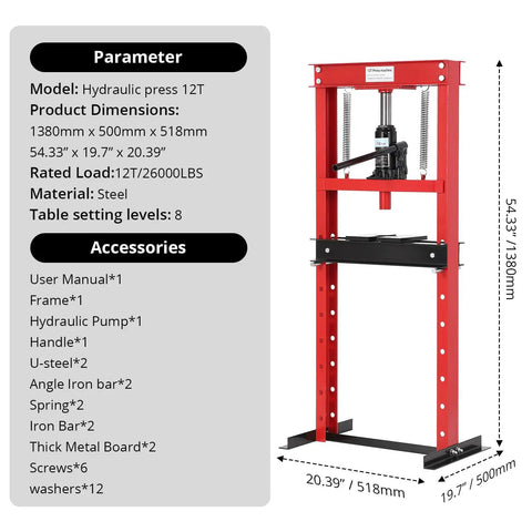 Heavy Duty 12 Ton Hydraulic Shop Press, Solid H Frame Garage Floor Beast With Adjustable Table And Removable Plates, Tough Automotive Bending Stamping Tool In Fiery Red with detailed dimensions.
