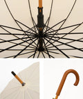 Wooden J Handle 40 Inch Golf Umbrella Windproof All Weather Auto Open 16 Rib Arc Vintage Cane Umbrella Classic Stick Wedding Cane White For Men And Women showcasing handle and ribs close-up.