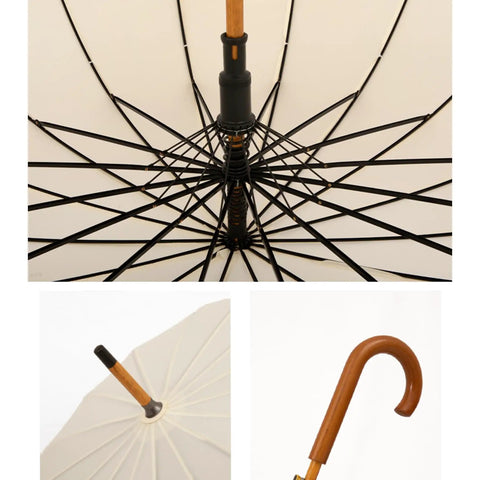 Wooden J Handle 40 Inch Golf Umbrella Windproof All Weather Auto Open 16 Rib Arc Vintage Cane Umbrella Classic Stick Wedding Cane White For Men And Women showcasing handle and ribs close-up.