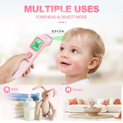 No-Touch Forehead Thermometer For Quick Temps In Adults Kids And Babies, 1 Sec Fast Accurate Reading With Noncontact Infrared Tech, Backlit Display, Fever Alert, Pink Design That's Kid-Friendly And Easy To Use. Pink infrared thermometer used on a child