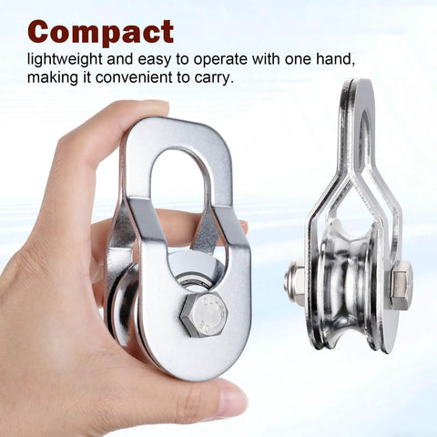 Heavy Duty Cable Snatch Pulley Block With 32 Ft Rope And Hook Dual Bearings Inside For Smooth Operation Chrome Plated Steel Construction 800Lb Lifting Capacity Rugged For Garage Attic Kayak Deer Hanging Gym Equipment 1 Pack compact chrome-plated steel pulley block held in hand