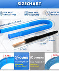 Two Piece Upgraded Dryer Vent Cleaner Kit With Universal Vacuum Hose Attachment And Dryer Lint Brush Fits Most Vacuums For Quick Lint Removal Blue Today, showing size chart with dimensions and features.