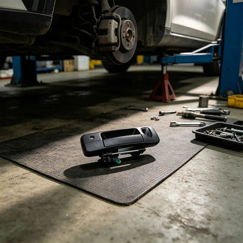 RDHFTNIHU Access Latch Component resting on a workshop mat, surrounded by tools under a lifted pickup truck.