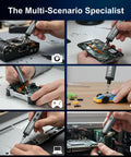 Using Mini Electric Screwdriver Cordless 78 In 1 Set with 72 S2 Bits on camera, phone, game console, laptop, circuit board, toy car.