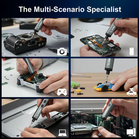 Using Mini Electric Screwdriver Cordless 78 In 1 Set with 72 S2 Bits on camera, phone, game console, laptop, circuit board, toy car.