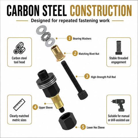 Rivet Nut Mandrel Head Set For Carbon Steel Tool Kit M3 To M12 With Threaded Inserts Pro Grade Heavy Duty Heads For Quick Installations And Precise Repairs For Professional Auto And Industrial Projects, carbon steel tool head