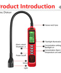 Red handheld halogen Freon leak detector with UV light probe, flexible gooseneck and digital LCD display