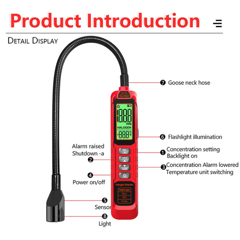 Red handheld halogen Freon leak detector with UV light probe, flexible gooseneck and digital LCD display