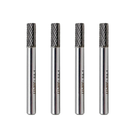 Four SA-1 Double Cut Cylindrical End Head Rotary Burrs, 1/4 Inch Shank, Tungsten Carbide, for efficient grinding on display.