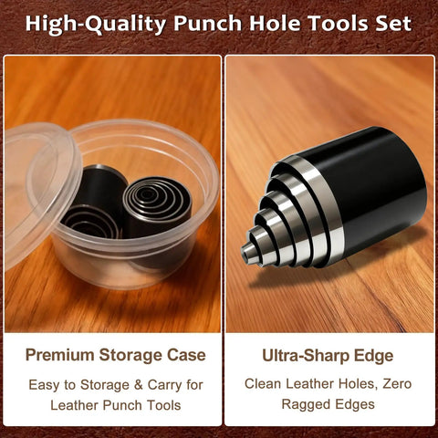 Pro Grade Leather Circle Cutter Tool Set 13 Piece Circle Punch Kit with storage case and sharp high carbon steel cutting dies.