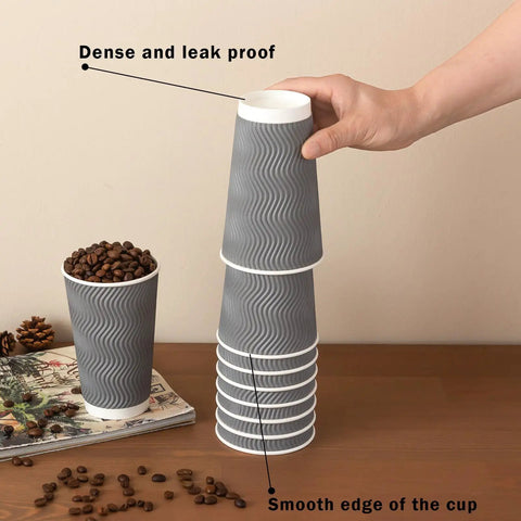 Stack of 16 Oz Insulated Ripple Wall Disposable Coffee Cups No Lids 90 Pack Gray Corrugated To Go Cups for Home or Travel