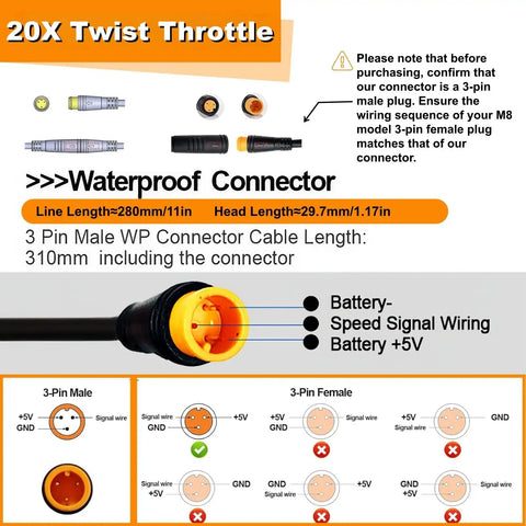 Diagram showing 3-pin waterproof connector for Full Twist Ebike Throttle Grip 3 Pin Waterproof Joint Right Hand 12V To 72V