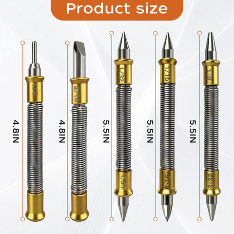 Five Piece Nail Setter Punch Set With Dual Head Punches Center Punch Hinge Pin Remover And Cold Chisel sizes 1/32" to 3/16"