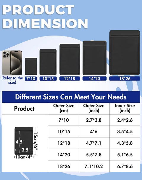 Size comparison chart for 100 Pack Resealable Food Storage Bags For Small Biz Double Sided Color Smell Proof Flat Bags Black 4 By 6 Inch