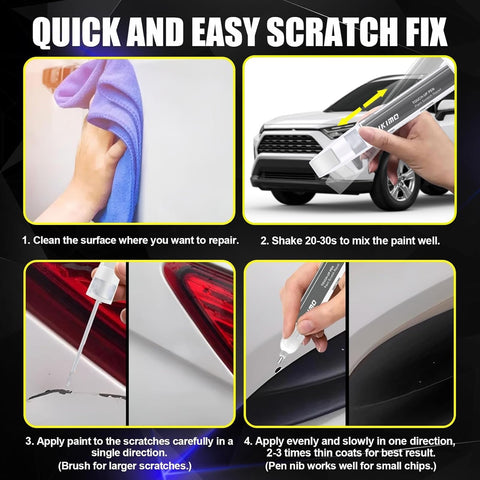 Ford Vapor Blue Metallic Touch Up Paint Kit K1 M7490A For Quick Scratch Repair With 2 In 1 Pen Tip And Brush Color Matched For Easy Fix On Ford Cars And SUVs, showing usage steps.