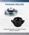 Vent Cap For Diesel Transfer Tanks With Threaded Neck And 2 Inch Base Built Tough Vented Gas Cap For Diesel Storage And Fuel Transfer Heavy Duty Tank Cap For Venting Pressure And Safe Fuel Handling, top view and side component.