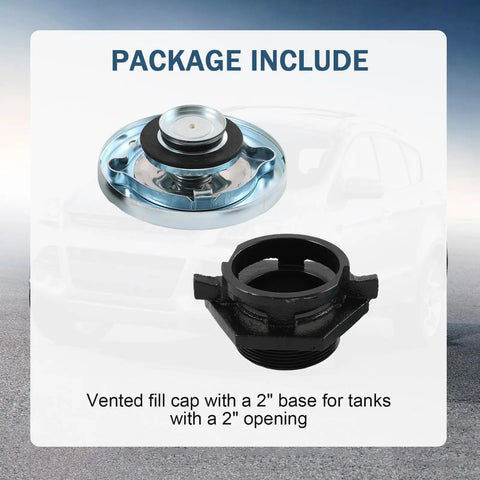 Vent Cap For Diesel Transfer Tanks With Threaded Neck And 2 Inch Base Built Tough Vented Gas Cap For Diesel Storage And Fuel Transfer Heavy Duty Tank Cap For Venting Pressure And Safe Fuel Handling, top view and side component.