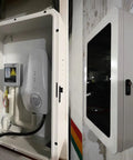Rock Solid EV Charger Protection Enclosure With Lock And Weatherproof Wall Mount Design showing interior with charging unit and lock.