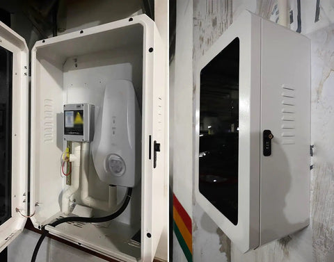 Heavy Duty Wall Mounted EV Charger Enclosure With Galvanized Steel And Tempered Glass Door showing internal storage and lock.