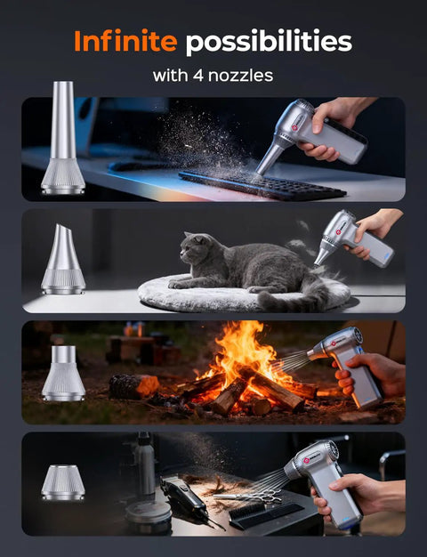 Beast Mode 180000 RPM Cordless Air Duster with 3-speed settings used for cleaning keyboard, cat hair, campfire, and equipment