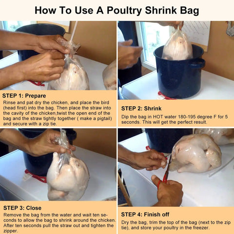10x16 Inch Poultry Shrink Bags Pack Of 100 With Freezer Safe Heat Shrink For Chicken Includes 100 Zip Ties And All Natural Anti Caking Powder To Prevent Bag Sticking, chicken shrink bag steps