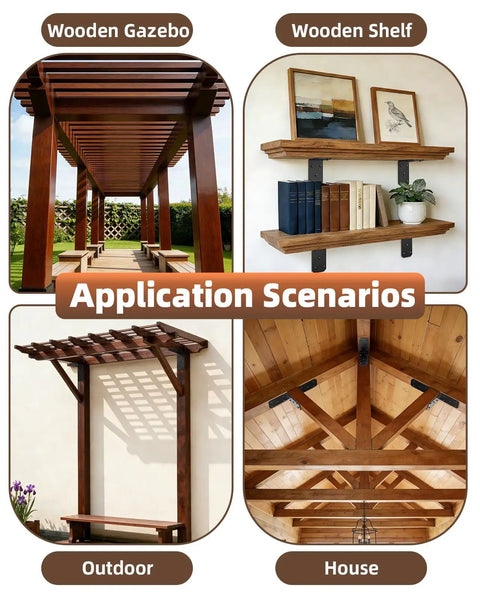 Heavy Duty L Brackets 4 Pack Beefy Carbon Steel Corner Braces supporting wood shelves, gazebo, pergola, and ceiling beams