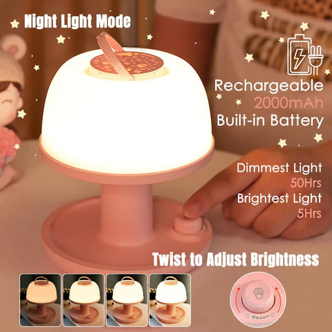 Kid Friendly Toddler Night Light With Star Projector Dimmable LED Bedside Lamp shown on table with dimmable settings and twist control