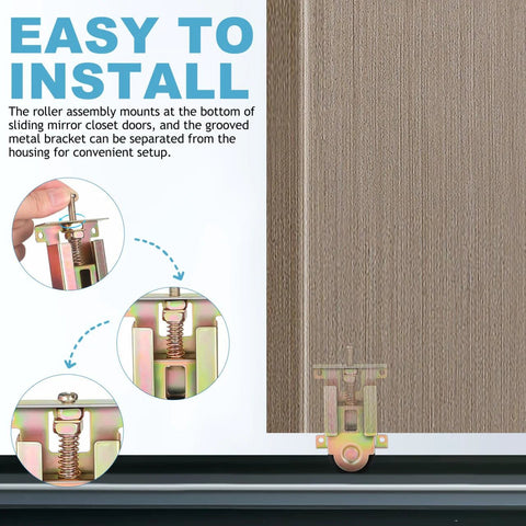 Closet Door Rollers Replacement With Ball Bearing Wheels For Mirror Wardrobe Sliding Doors Adjustable Height 4.72 By 2.36 Inches Universal Fit For Wood And Metal Framed Doors Smooth Gliding Hardware Solution shown installed on door