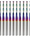 10 Pcs Pro Grade DLC Coated CNC Router Bit Set For Wood And PVC Engraving, arranged side by side, colorful coating visible